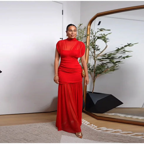 Elegant Mesh Patchwork Pleated Long Skirt Dress for Women Slim Evening Party Maxi Dress